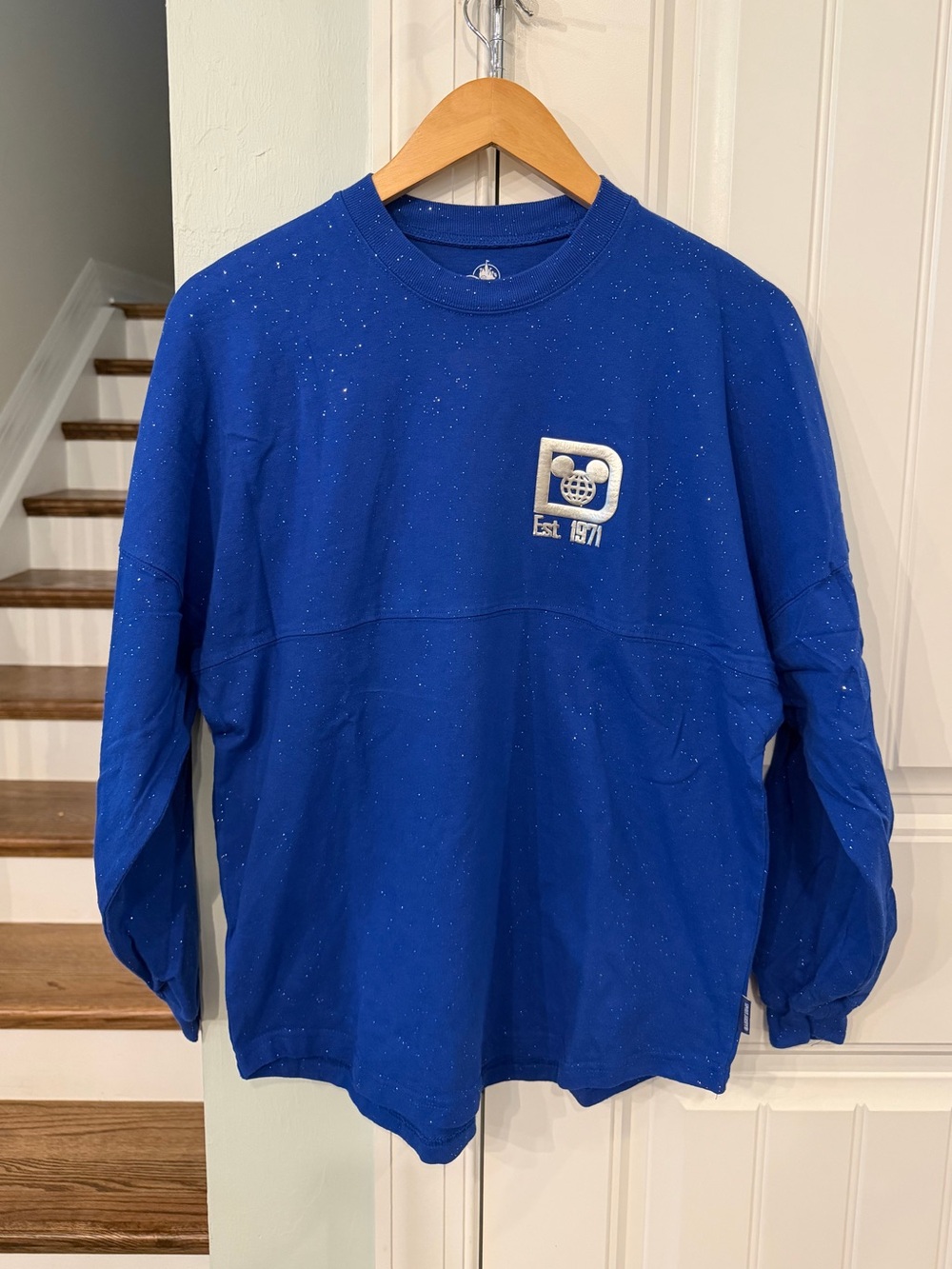 Disney Parks Walt Disney World Spirit Jersey Blue Silver Glitter Small Est 1971